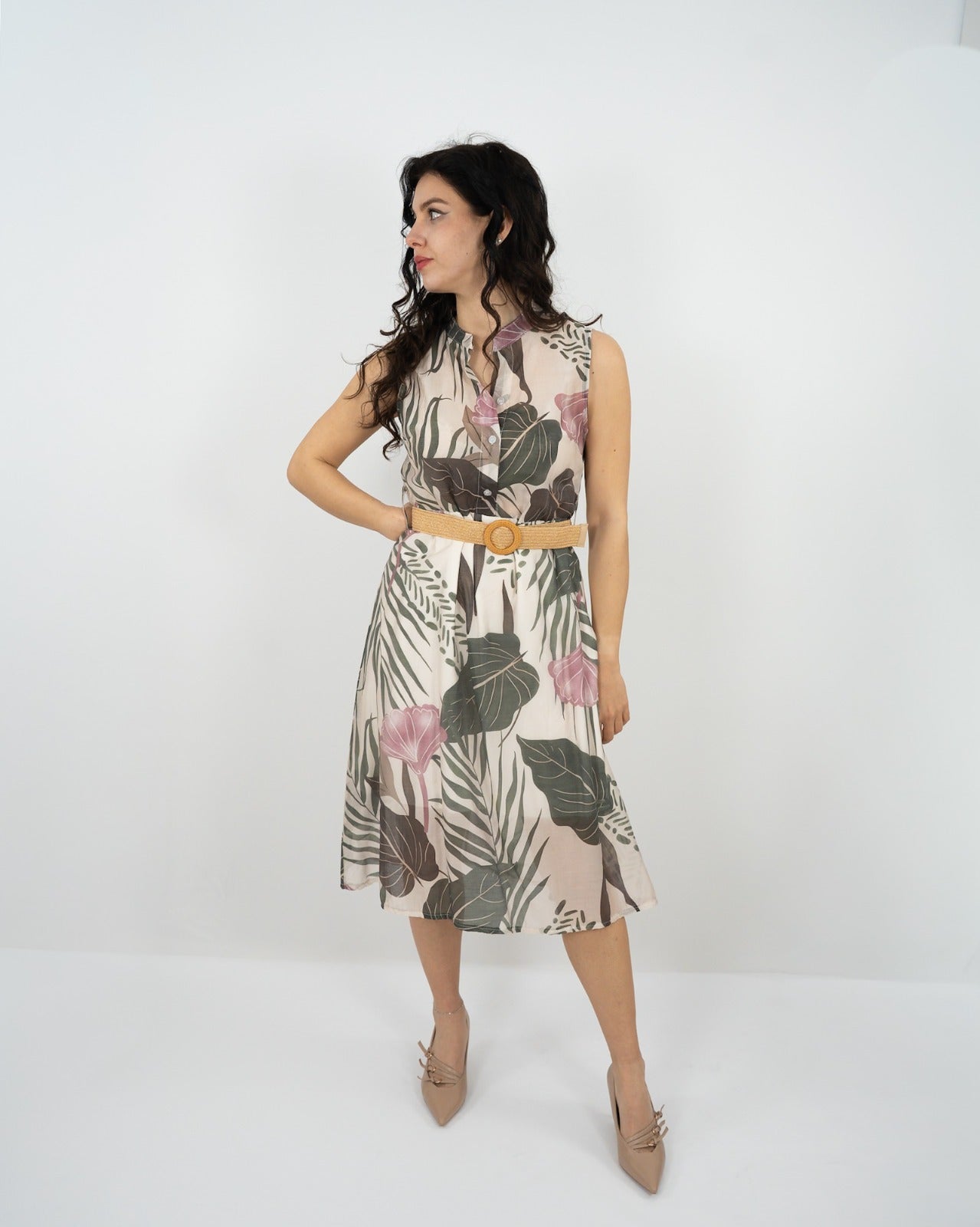 VESTITO MIDI SMANICATO A FANTASIA - rosa in paleTTe. abbigliamento