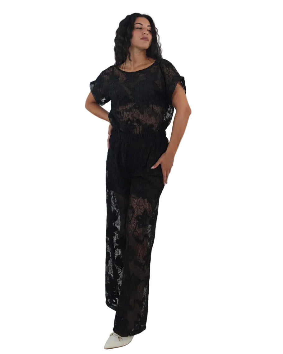 Pantaloni palazzo in tulle pizzo velluto- nero in paleTTe. abbigliamento