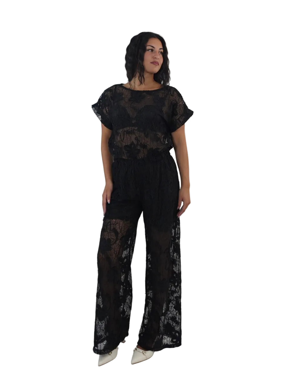 Pantaloni palazzo in tulle pizzo velluto- nero in paleTTe. abbigliamento