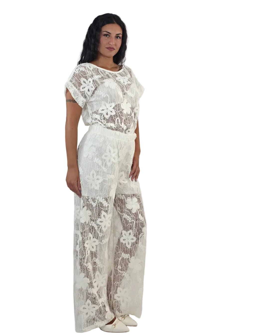 Pantaloni palazzo in tulle pizzo velluto - bianco in paleTTe. abbigliamento