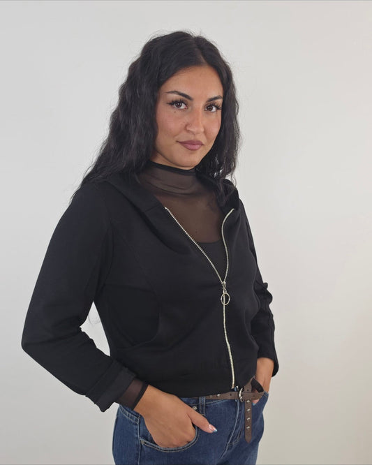 Felpa Donna Cropped con Cappuccio e Zip - nero in paleTTe. abbigliamento